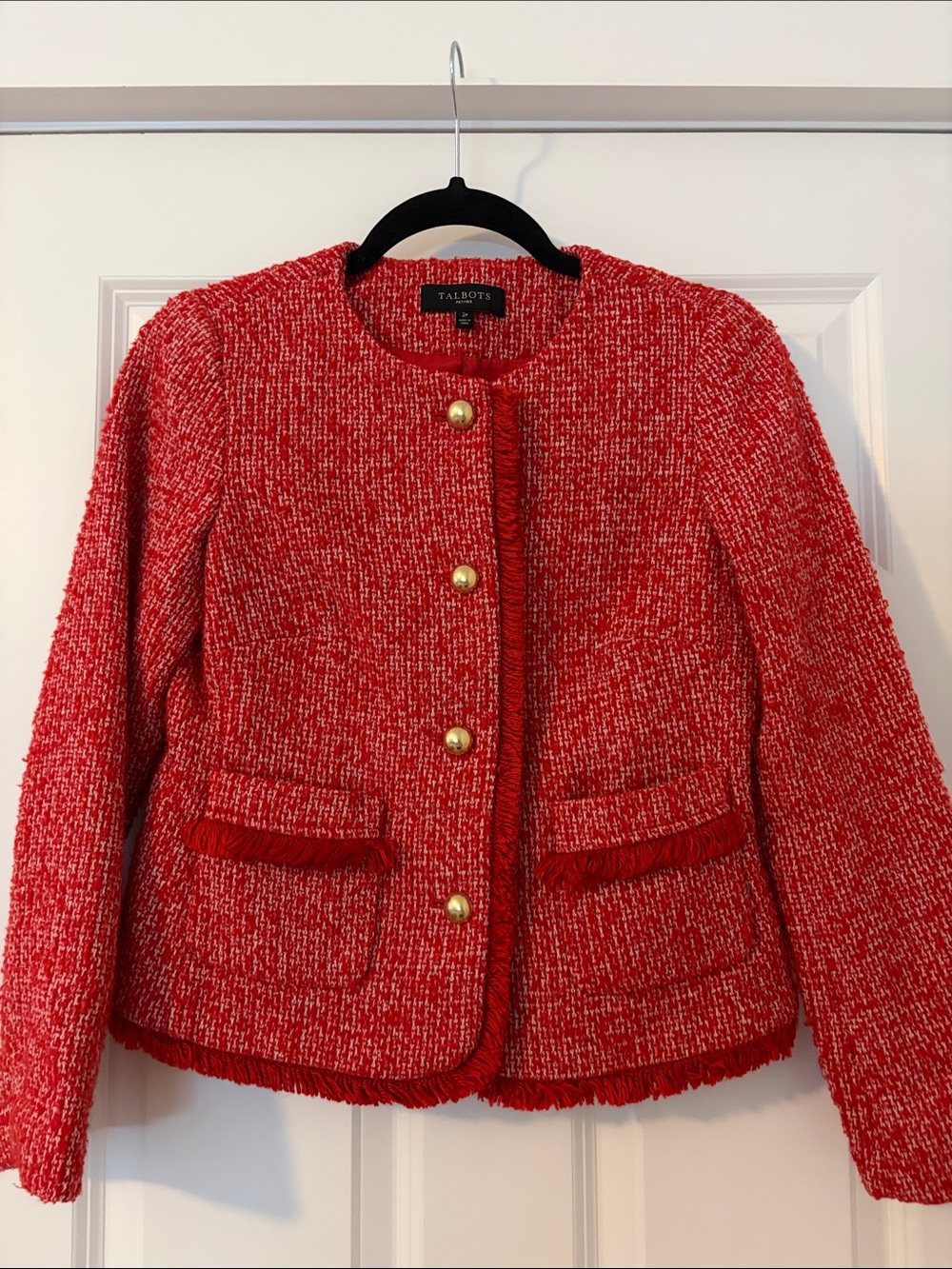 Talbots Orange/Red Tweed Fringe Boxy Jacket with Gold Buttons
